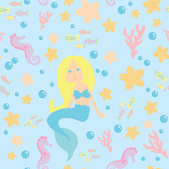 Pastel Mermaid Blue Sea Vector Repeat Pattern