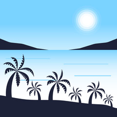 Sunset seascape with palm trees. Vacations on the beach. Gradients in shades of blue. Square vector illustration for postcards, posters, polygraphy, textile, design, interior décor