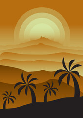Fototapeta na wymiar Monochrome foggy sunset landscape with desert and palm trees. Gradients in shades of gold. Vertical vector illustration for postcards, posters, polygraphy, textile, design, interior decor