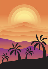 Fototapeta na wymiar Monochrome foggy sunset landscape with desert and palm trees. Gradients in shades of pink and orange. Vertical vector illustration for postcards, posters, polygraphy, textile, design, interior decor