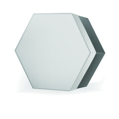 a hexagonal box stands sideways for presentations on a white background with a shadow