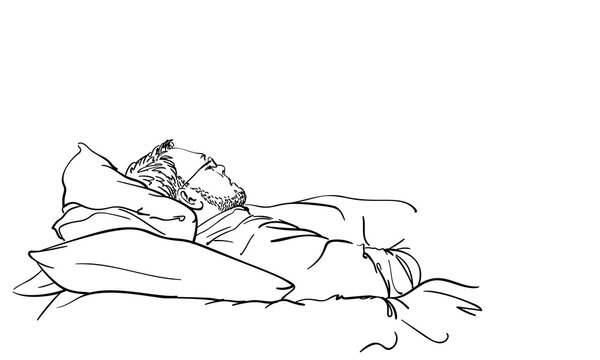 Man naps on two pillows at home. Vector drawing of upper body bearded male person with eyeglasses and clothes. Incorrect sleeping posture concept. Hand drawn illustration Black line sketch on white