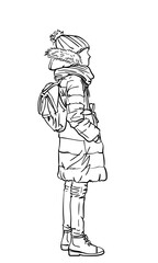 young girl without face in winter warm clothes, coat with hood and hat with bubo, stands with small backpack on her back, hands in pockets View from side. Sketch vector drawing Hand drawn illustration