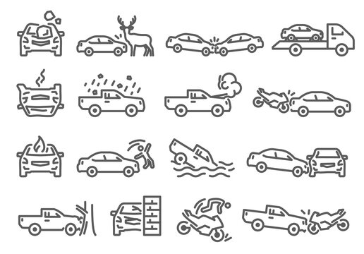 Car, bike, vehicle accident outline icons set isolated on white. Crash into tree, wall, animal on road.