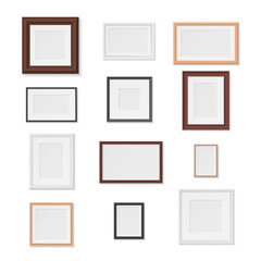 Pictures frames variety on wall realistic mockup set. Horizontal, vertical photographic empty cadres.