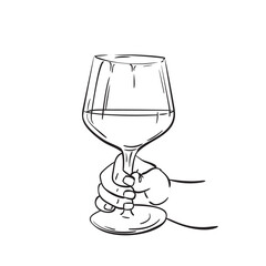Close up female hand holding glass of wine Vector drawing, Hand drawn illustration black ink sketch on white background