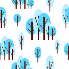 Seamless pattern with winter blue trees. White background. Cartoon flat style. Garden or forest. Nature and ecology. Merry Christmas. For postcards, wallpaper, textile, scrapbooking and wrapping paper