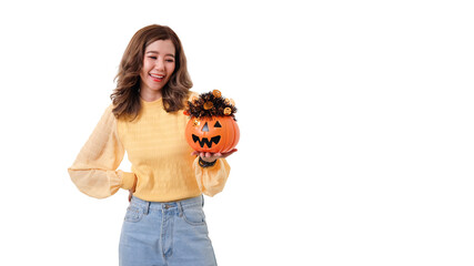 Portrait of Asian smiling woman holding curved pumpkin and looking at  pumpkin isolated over white background Halloween concept.