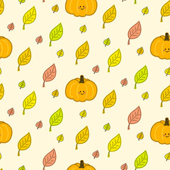 Vector seamless pattern with cute pumpkins and autumn leaves falling down