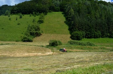 red tractor on a mountain meadow