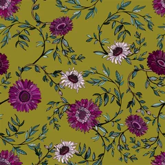 Gordijnen Delicate  flowers with inflorescences, leaves and petals on ochre, khaki, beige background. Floral seamless pattern. © Galina Trenina