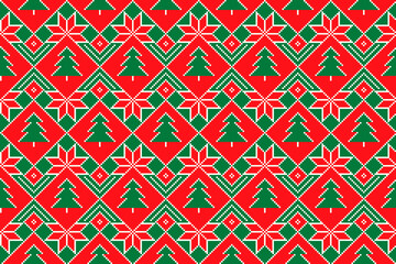 Winter Holiday Pixel Seamless Pattern. Christmas Trees and Stars  Ornament. Scheme for Knitted Sweater Pattern Design or Cross Stitch Embroidery.