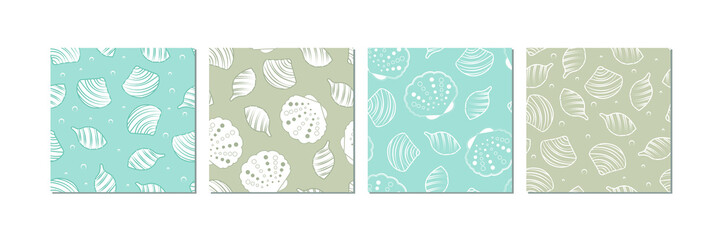 Seamless pattern set with images of cute seashells in neutral colors. marine theme in minimal scandinavian style - vector illustration, eps