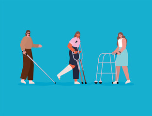 disability women cartoons with wheelchair prosthesis and cast vector design