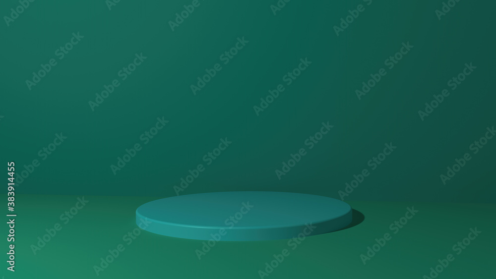 Poster blank product shelf standing green cylinder on a green background with soft edges and hard highlight