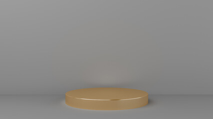 Metal pedestal cylinder in a gray room yellow golden 3D rendering.