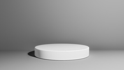 White cylinder pedestal podium on the gray background of the room. for product presentations 3D rendering.