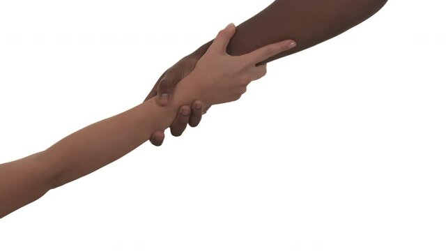 Close up of reaching out hands of unrecognizable African American man and Caucasian woman. Guy unsuccessfully trying to pull lady out. Isolated on white background.