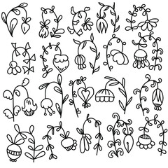 Set of ornate doodle flowers with long curved stems and various leaves, coloring page with fantasy floral motifs, outline vector illustration 