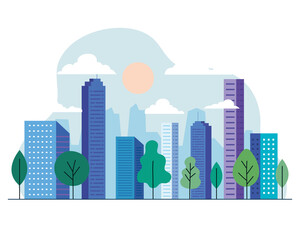 City buildings with trees sun and clouds design, architecture and urban theme Vector illustration