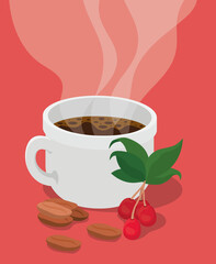 coffee cup with berries leaves and beans vector design