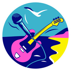 The stylized image of musical instruments on the background of the sea beach. Icon for the avatar. - 383916443
