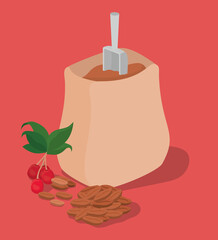 coffee beans bag berries and leaves vector design