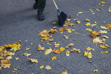 Janitor sweeping the fallen leaves on a autumn street. Yellow leaves on the street. Cleaning leaves...