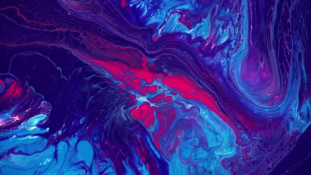 Fluid art drawing footage, modern acryl texture with colorful waves. Liquid paint mixing artwork with splash and swirl. Detailed background motion with blue, pink and navy blue overflowing colors
