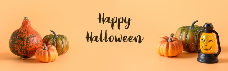 Banner of pumpkins and head jack-o-lantern on orange background with text - Happy Halloween.
