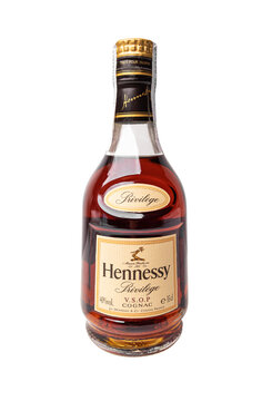 Uzhgorod, Ukraine - October 08, 2020:Photo of a bottle of Hennessy cognac on a white background. Hennessy is one of the most famous French cognac houses.