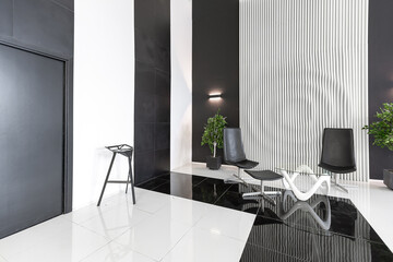 Luxurious futuristic trendy modern interior in contrasting black and white colors with interesting fashionable black furniture and decorated wall