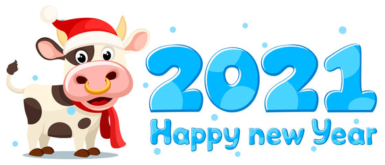 A bull in a New Year s hat and scarf stands. Year of the bull 2021