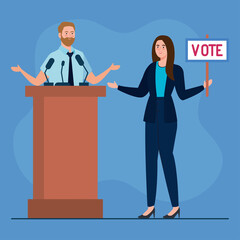 Election day man on podium and woman holding vote banner design, President government and campaign theme Vector illustration