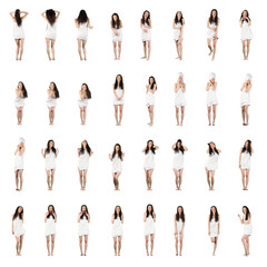 Collage of bath beauty young woman in white towel happy, dancing or amazed and sending kisses. Full body isolated on white background.