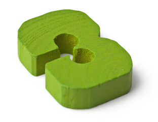 Wooden green figure three, on white