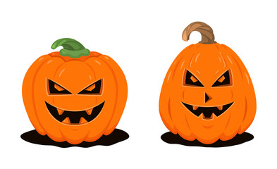 Two Halloween pumpkins in cartoon style isolated on white background