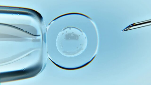 In Vitro fertilisation process through a microscope. Laboratory procedure with an egg cell, needle injection. Artificial insemination. 3D animation. Color aberrations. Close up medical footage in 4K