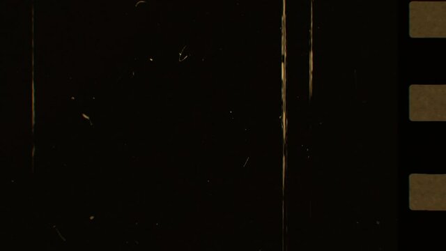 Signs, marks and lines on rolling film. Noise, grain and dust tape effect. Sepia colors. Vintage, retro strip intro. High contrast. Perforation holes on border. Dynamic Film burn effect 4K footage