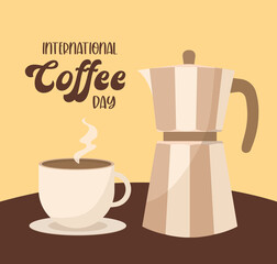 international coffee day with kettle and cup vector design