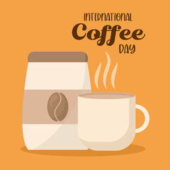 international coffee day with mug and bag vector design