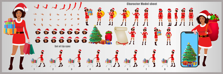 Christmas Santa Girl Character Design Model Sheet with walk cycle and run cycle animation.  Girl Character design of Front, side, back view and explainer animation poses. Character set with lip sync. 