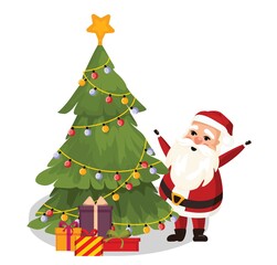 Christmas, New Year, Decorated Christmas tree, Santa Claus decorates the Christmas tree with a bunch of gifts. The holiday is coming.