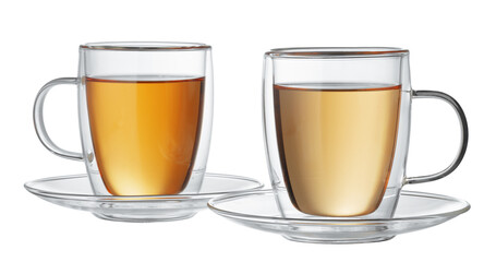 Two glass cups of tea isolated on white