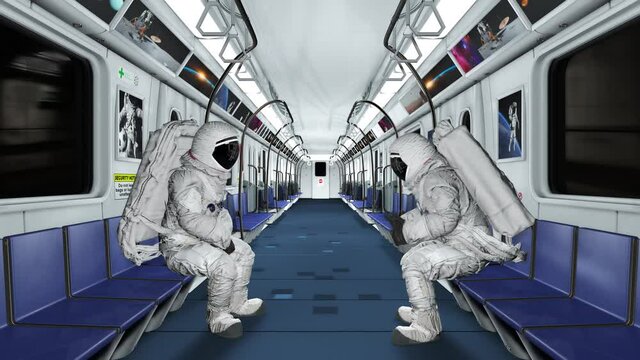 Two astronauts are talking in the subway car. Elements of this image furnished by NASA.