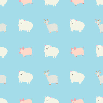 vector seamless pattern with texture images of goat, pig and sheep