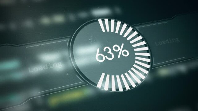 Radial or circle downloading progress bar with scrolling source code on the background. Percent indicator. Pixelated screen. Dust and pixel noise effect. Display artifacts. From 1 to 100% transferring