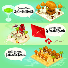 Isometric banners with  island and summer beach house