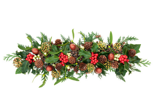 Traditional winter decoration with holly, ivy, mistletoe, cedar cypress leaves, pine cones & acorns on white background. Natural floral composition for Christmas & New Year. Top view, copy space.