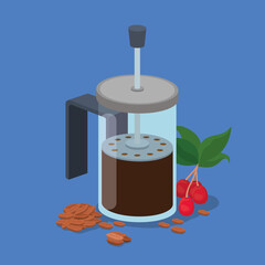 coffee french press beans berries and leaves vector design